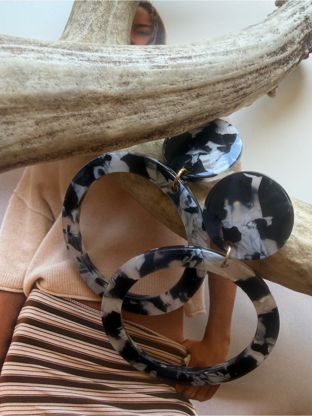 Black & White Tortoise Resin Hoop Earrings Statement Dangle Acrylic